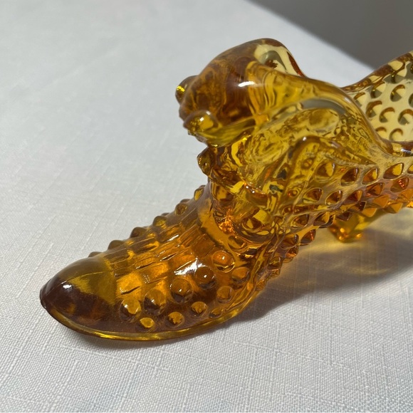 Vintage Fenton Glass Hobnail Slipper, Amber Yellow Glass Shoe with Cat Head - Picture 3 of 7